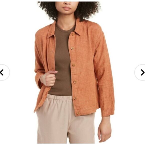 Eileen Fisher Organic Linen Delave Classic Collar Jacket Cinnamon Petite - Picture 2 of 10